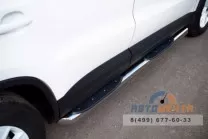 Защита порогов для VolksWagen Tiguan Track & Field, (труба), d76 мм, с накладками, скосы 45 градусов Пороги на Volkswagen Tiguan, нерж.