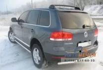 Защита заднего бампера для Volkswagen Touareg 2010-, d63 мм (дуга) Защита заднего бампера на Volkswagen Touareg 10-, нерж